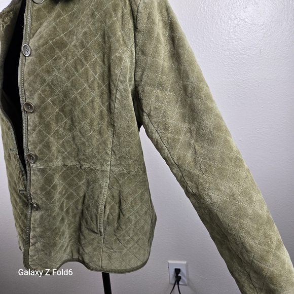 Olive Quilted Genuine Leather Jacket XL Kate Hill Workwear Blazer Vintage 2000s - Picture 3 of 8